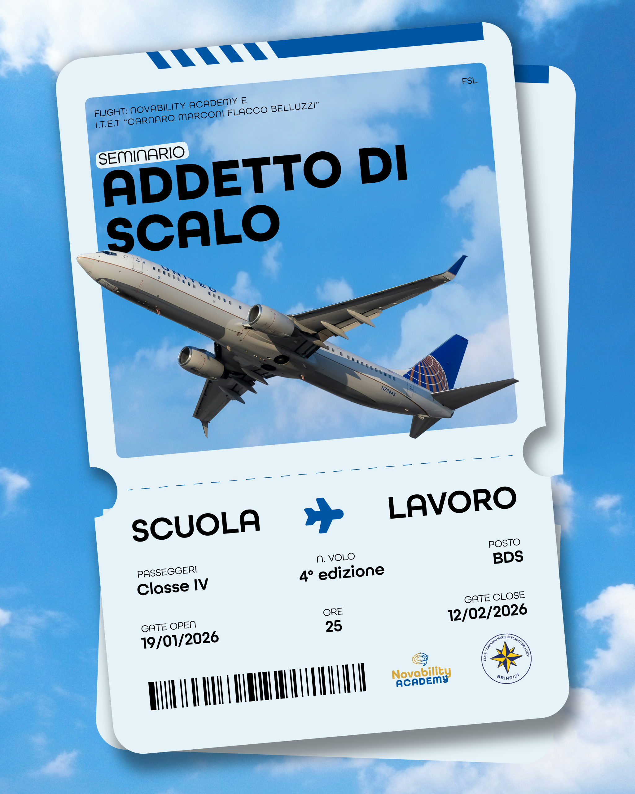 L'immagine illustra un biglietto d'imbarco dove vengono inserite le informazioni riguardo il seminario di Addetto di Scalo in partenza il 19 Gennaio. Fine seminario il 12 Febbraio. Quarta edizione della collaborazione con l'I.T.E.T. "Carnaro Marconi Flacco Belluzzi". I partecipanti sono gli studenti della classe IV.